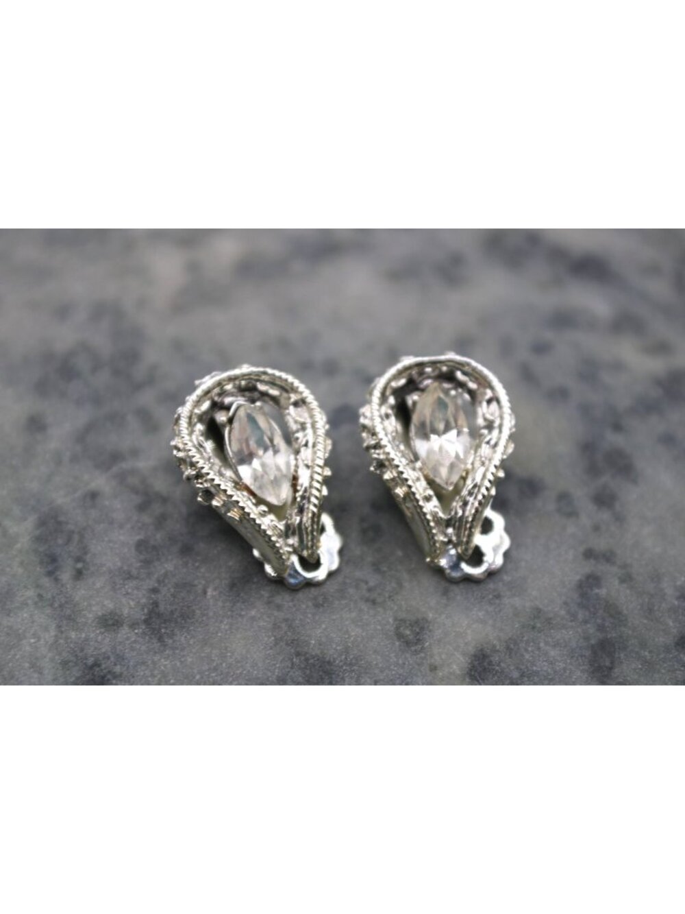 Silver Teardrop Crystal Earrings Clip On Vintage Sparkly Elegant Fashion Jewelry